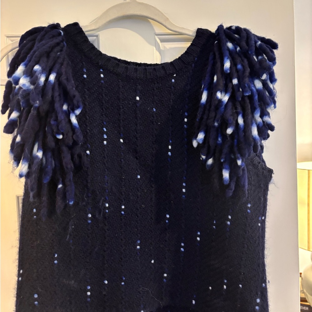 Navy Blue Women's Sweater with Fringe Detail